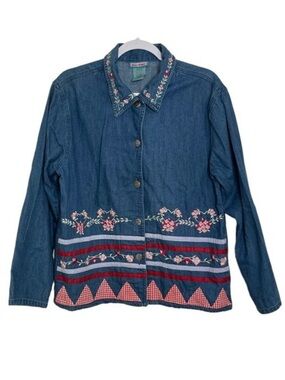 Nectar Denim Embroidered Floral Button Up Shirt Cottage Patchwork Cotton Size L